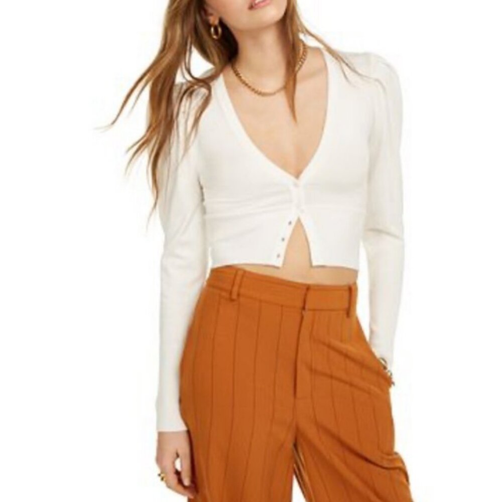 NWT Danielle Bernstein Womens Layering Puff Sleeve Cardigan Top white Size M